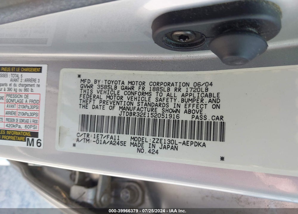 2005 TOYOTA COROLLA CE VIN: JTDBR32E152051916