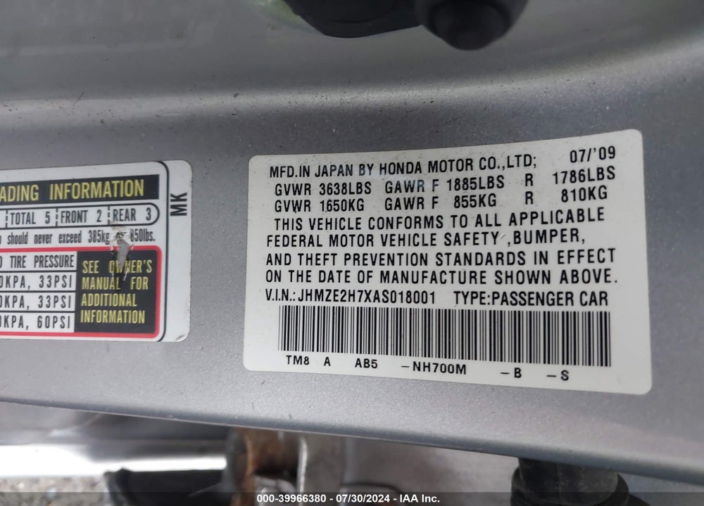 2010 HONDA INSIGHT EX VIN: JHMZE2H7XAS018001