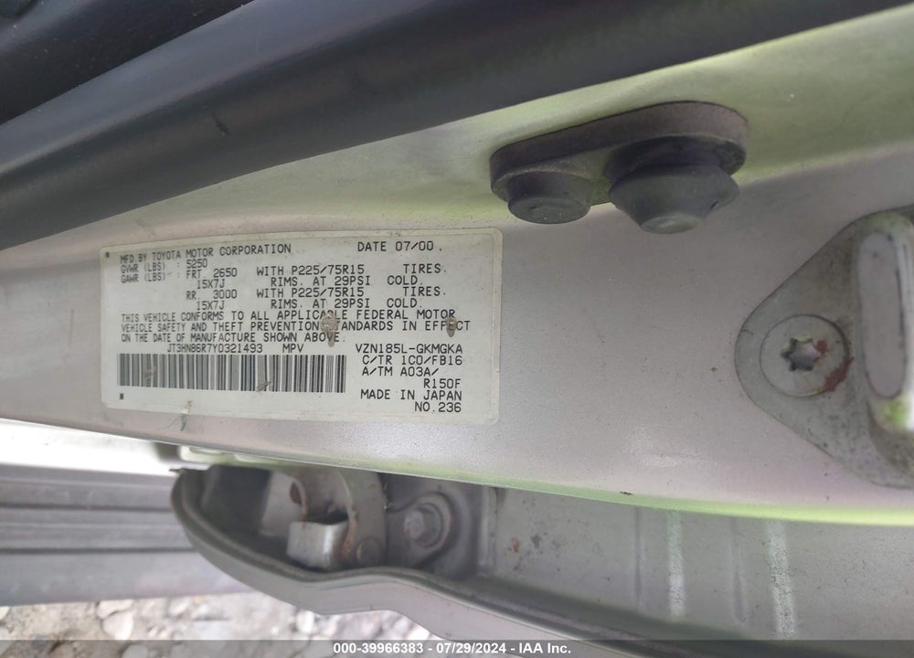 2000 TOYOTA 4RUNNER SR5 V6 VIN: JT3HN86R7Y0321493
