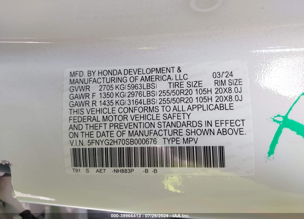 2025 HONDA PILOT VIN: 5FNYG2H70SB000676