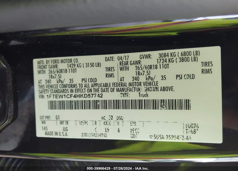 2017 FORD F-150 XLT VIN: 1FTEW1CF4HKD57742