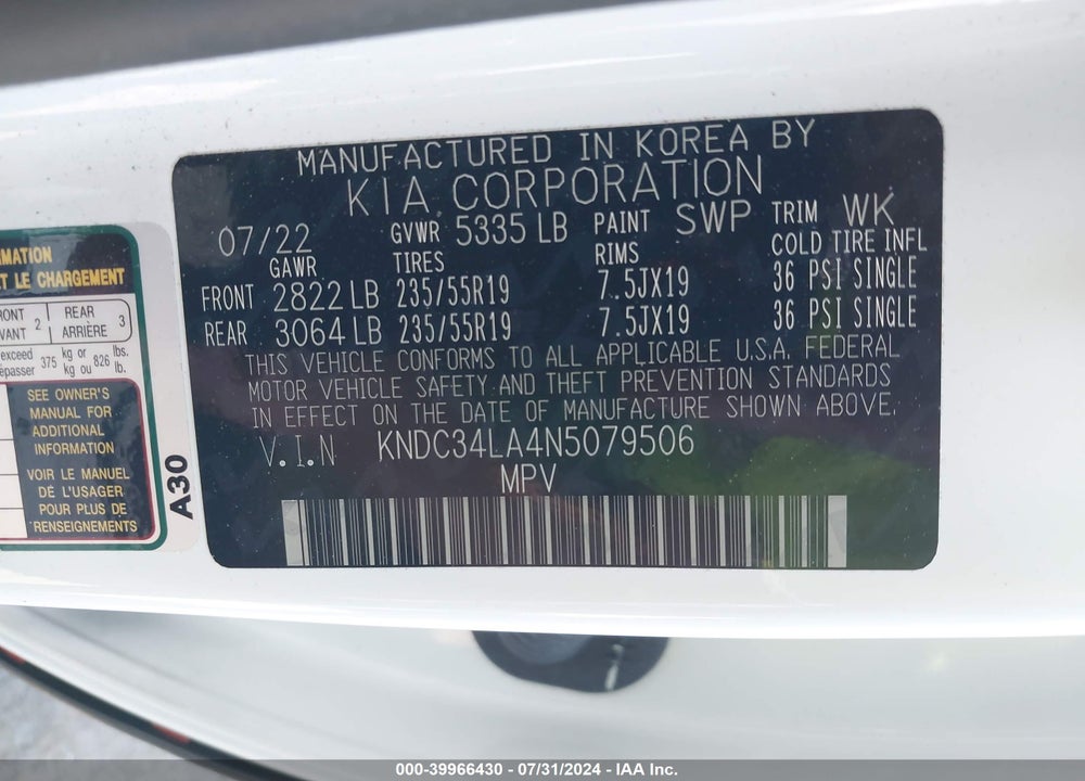 2022 KIA EV6 WIND VIN: KNDC34LA4N5079506