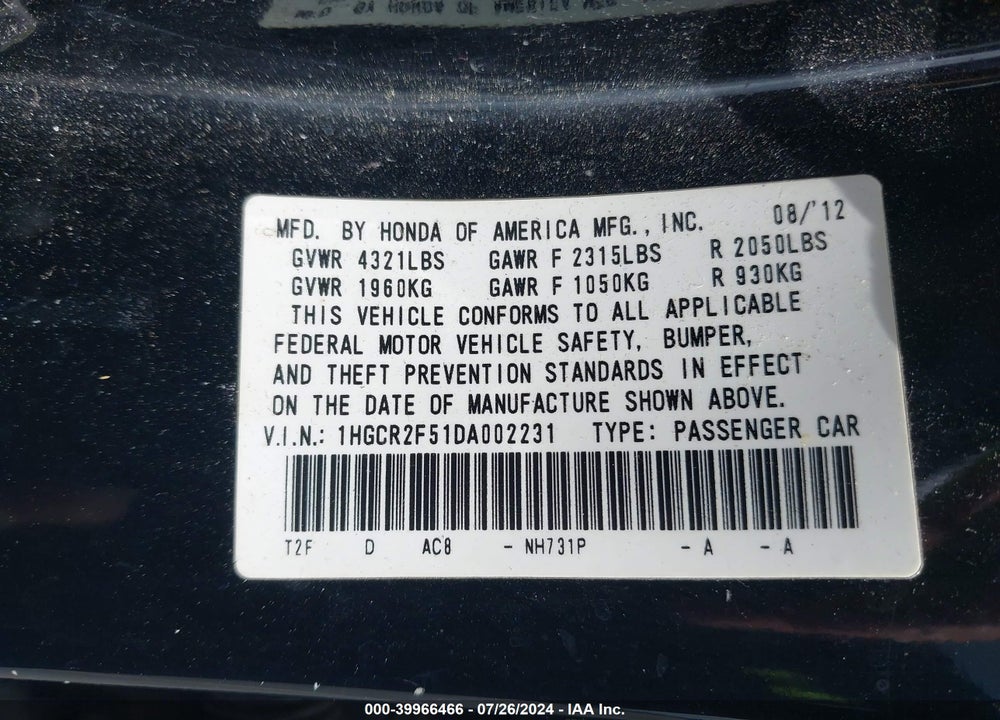 2013 HONDA ACCORD SPORT VIN: 1HGCR2F51DA002231