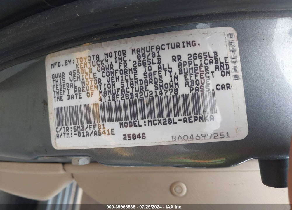 2002 TOYOTA AVALON XL VIN: 4T1BF28B42U214778