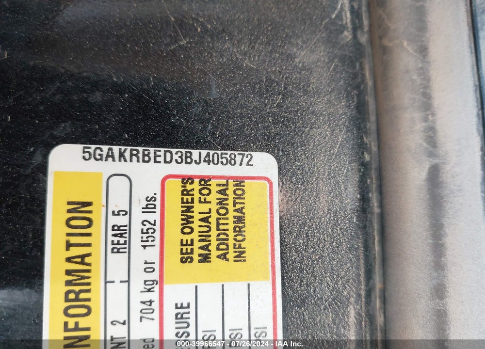 2011 BUICK ENCLAVE 1XL VIN: 5GAKRBED3BJ405872