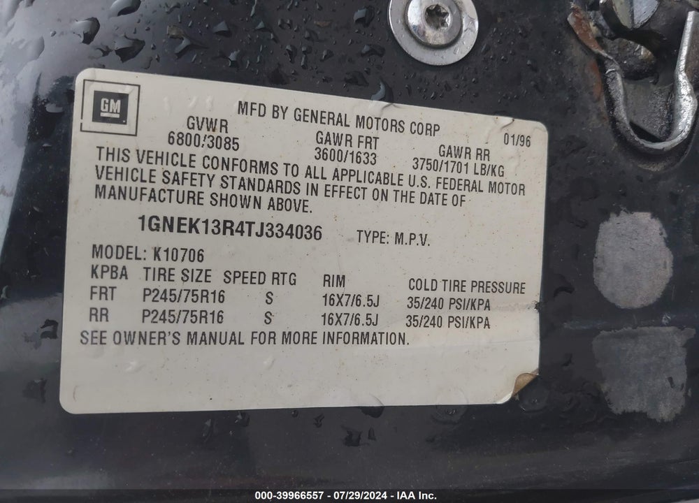 1996 CHEVROLET TAHOE K1500 VIN: 1GNEK13R4TJ334036