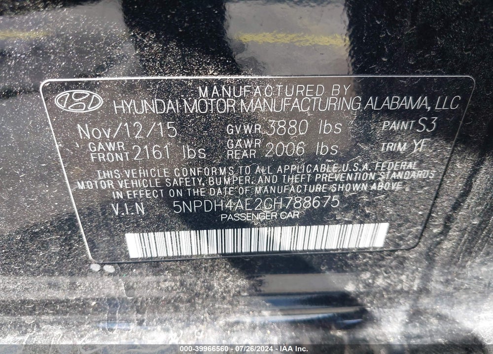2016 HYUNDAI ELANTRA SE VIN: 5NPDH4AE2GH788675