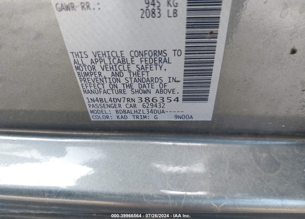 2024 NISSAN ALTIMA SV FWD VIN: 1N4BL4DV7RN386354