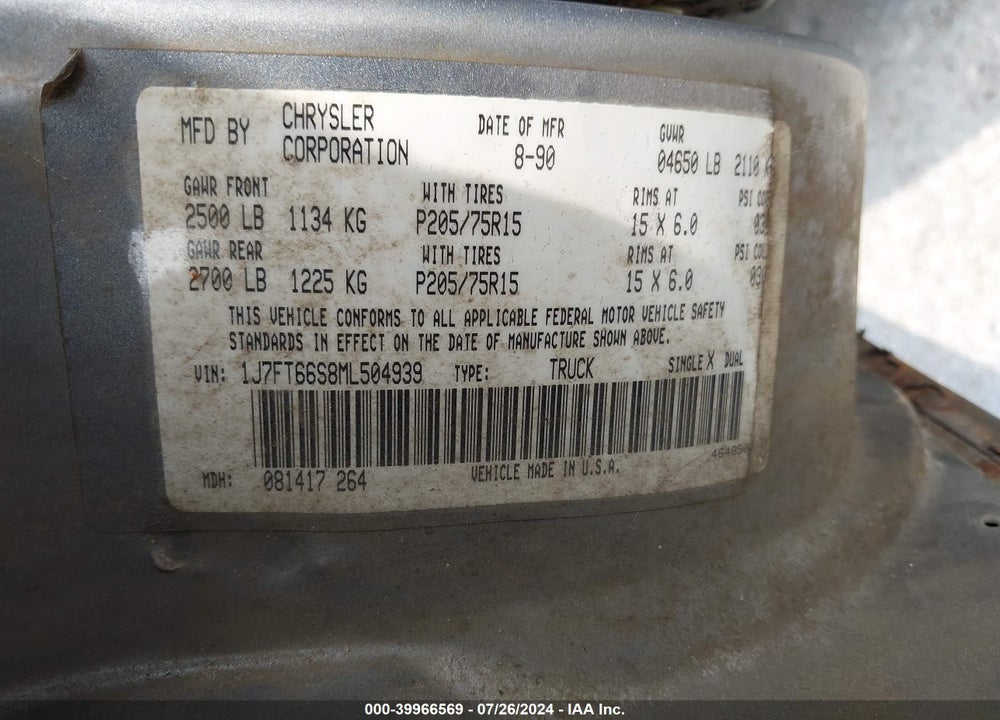 1991 JEEP COMANCHE ELIMINATOR VIN: 1J7FT66S8ML504939