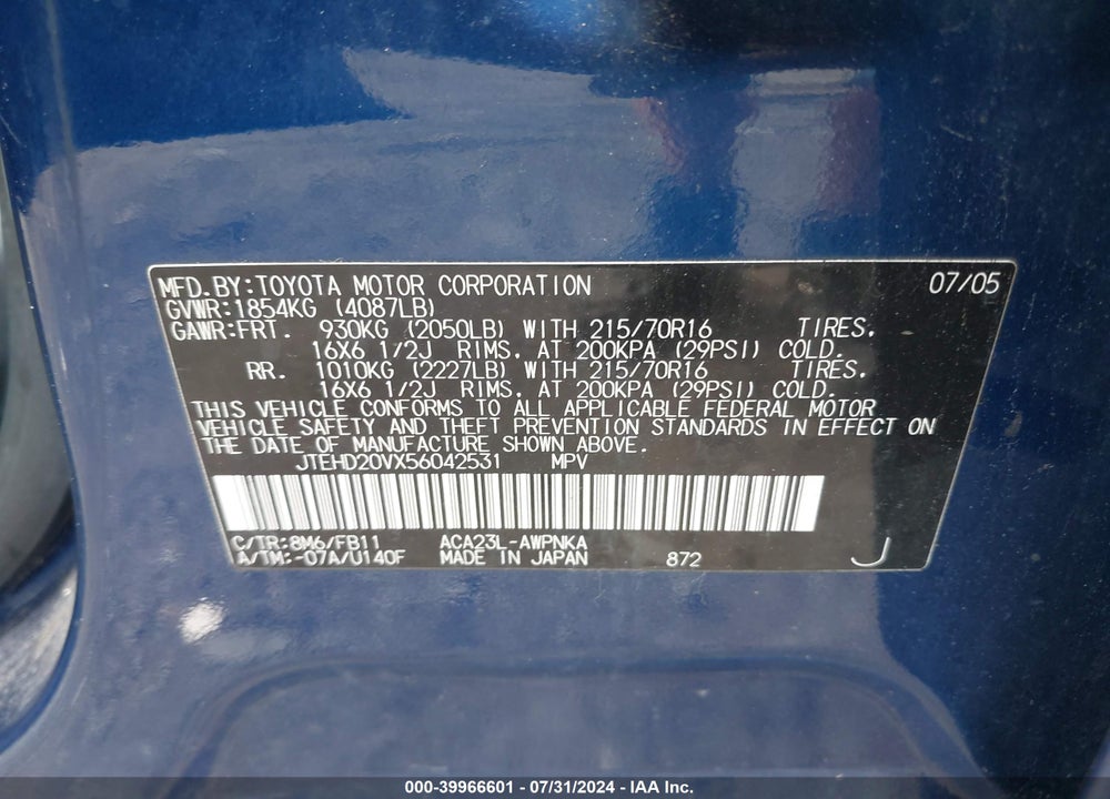 2005 TOYOTA RAV4 VIN: JTEHD20VX56042531