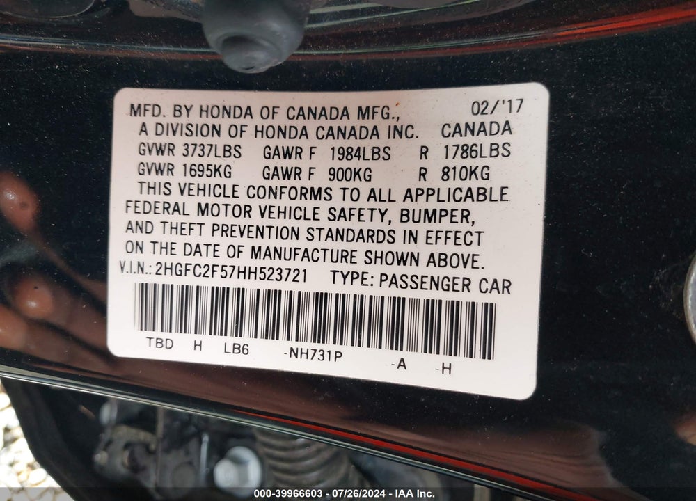 2017 HONDA CIVIC LX VIN: 2HGFC2F57HH523721