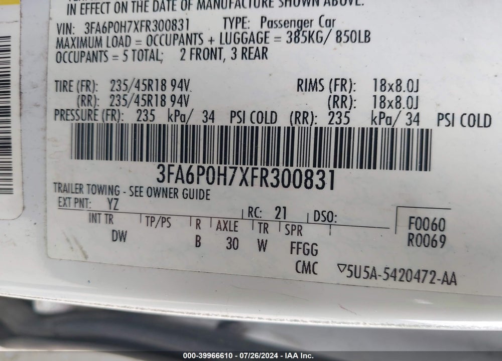 2015 FORD FUSION SE VIN: 3FA6P0H7XFR300831