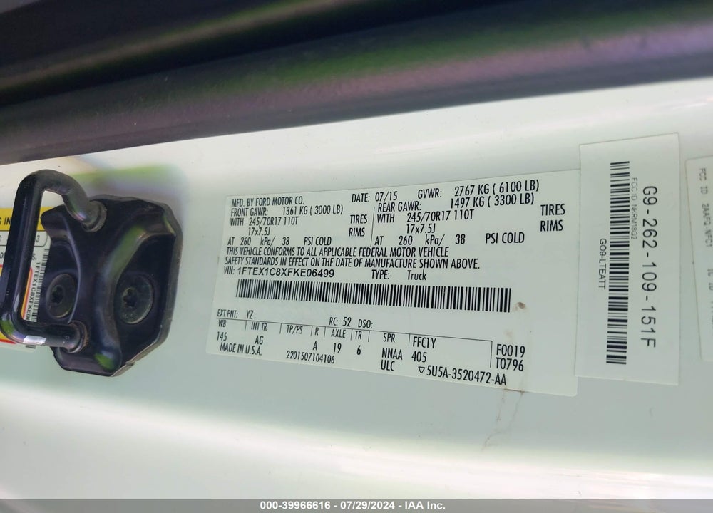 2015 FORD F-150 XL VIN: 1FTEX1C8XFKE06499