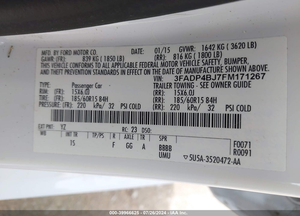 2015 FORD FIESTA SE VIN: 3FADP4BJ7FM171267