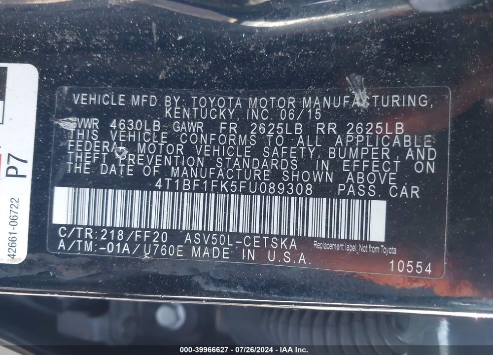 2015 TOYOTA CAMRY SE VIN: 4T1BF1FK5FU089308
