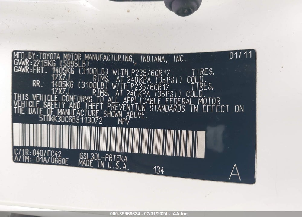 2011 TOYOTA SIENNA LE V6 VIN: 5TDKK3DC6BS113072