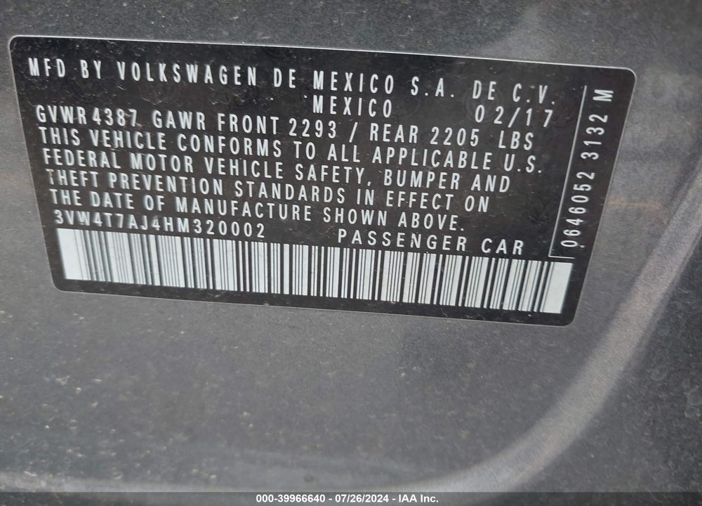 2017 VOLKSWAGEN JETTA VIN: 3VW4T7AJ4HM320002