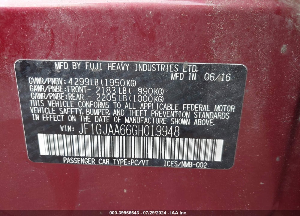 2016 SUBARU IMPREZA 2.0I VIN: JF1GJAA66GH019948