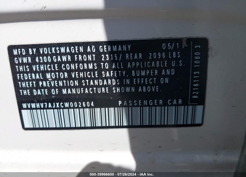2012 VOLKSWAGEN GTI VIN: WVWHV7AJXCW002604