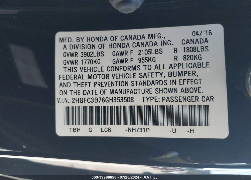 2016 HONDA CIVIC EX-L VIN: 2HGFC3B76GH353508