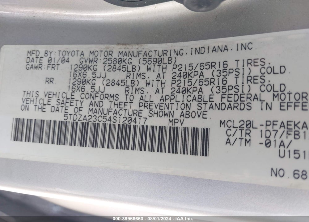 2004 TOYOTA SIENNA LE VIN: 5TDZA23C54S120417