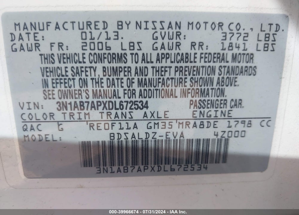 2013 NISSAN SENTRA SV VIN: 3N1AB7APXDL672534