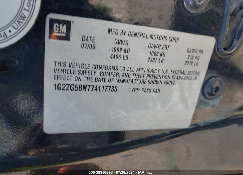 2007 PONTIAC G6 VIN: 1G2ZG58N774117730