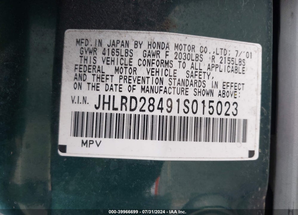 2001 HONDA CR-V LX VIN: JHLRD28491S015023