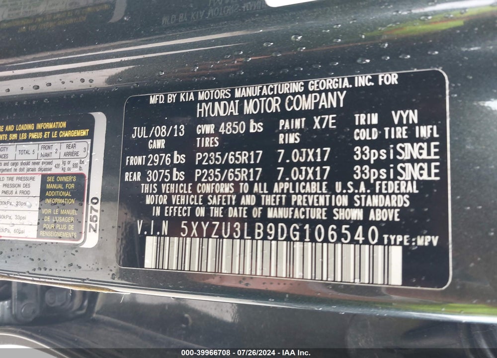 2013 HYUNDAI SANTA FE SPORT VIN: 5XYZU3LB9DG106540