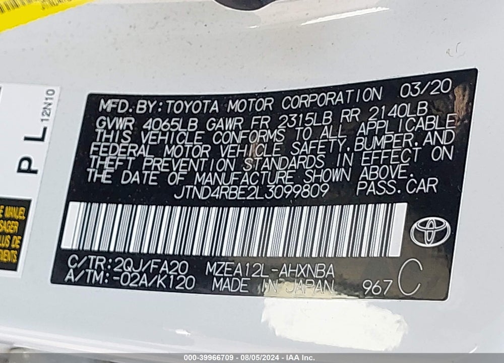 2020 TOYOTA COROLLA SE VIN: JTND4RBE2L3099809