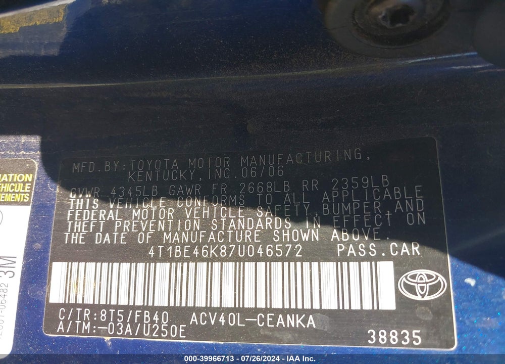 2007 TOYOTA CAMRY LE VIN: 4T1BE46K87U046572
