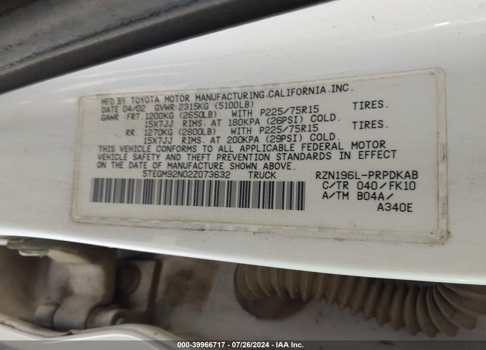 2002 TOYOTA TACOMA PRERUNNER VIN: 5TEGM92N02Z073632