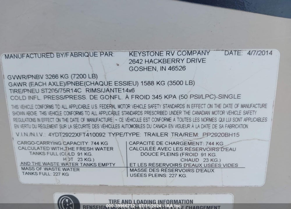 2015 PASSPORT OTHER VIN: 4YDT2922XFT410092
