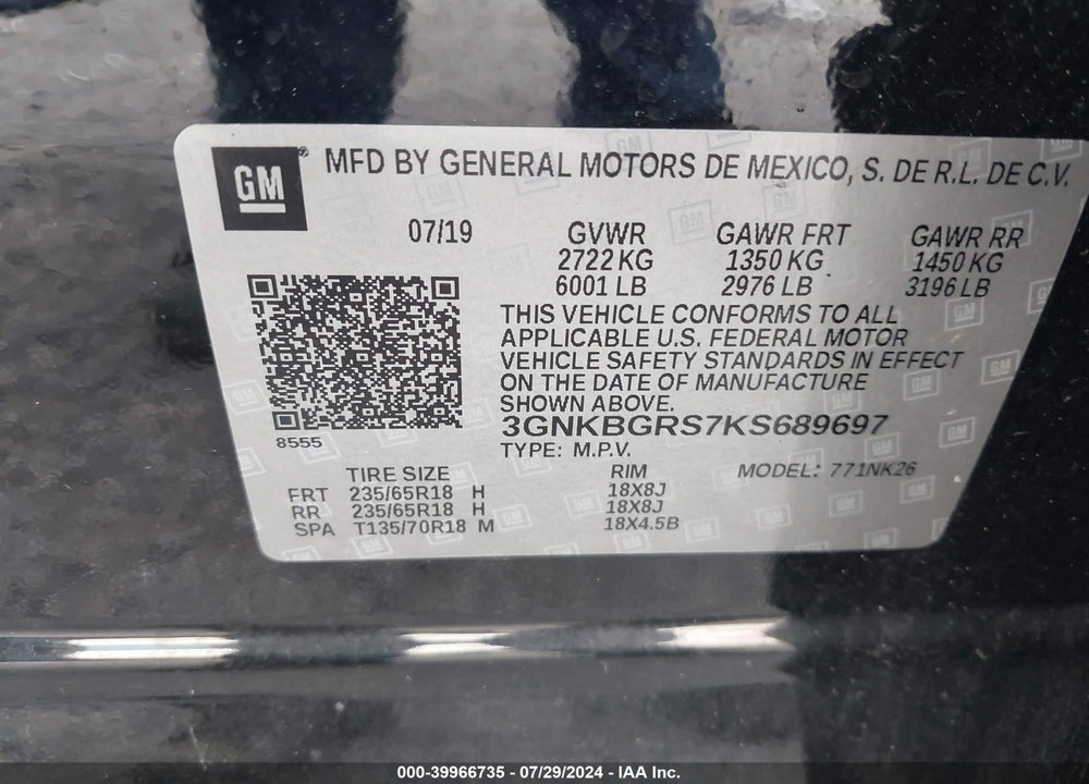 2019 CHEVROLET BLAZER VIN: 3GNKBGRS7KS689697