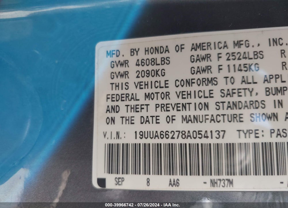 2008 ACURA TL 3.2 VIN: 19UUA66278A054137