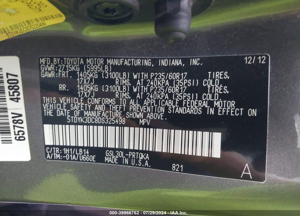 2013 TOYOTA SIENNA XLE V6 8 PASSENGER VIN: 5TDYK3DC8DS325498