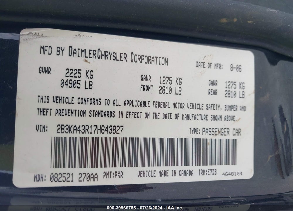 2007 DODGE CHARGER VIN: 2B3KA43R17H643827