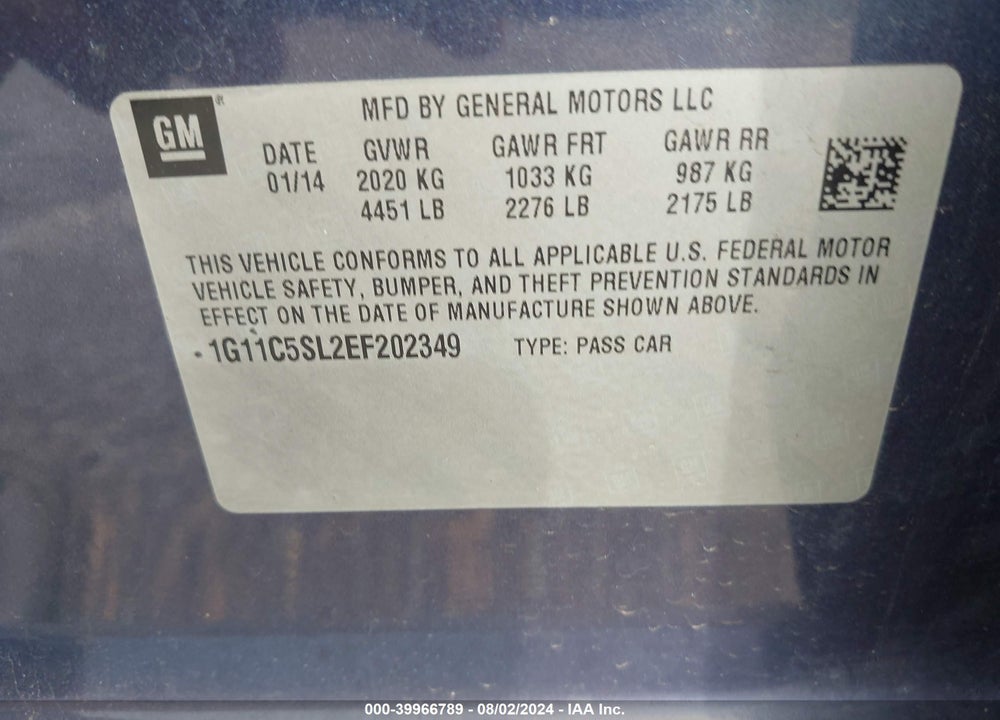 2014 CHEVROLET MALIBU VIN: 1G11C5SL2EF202349
