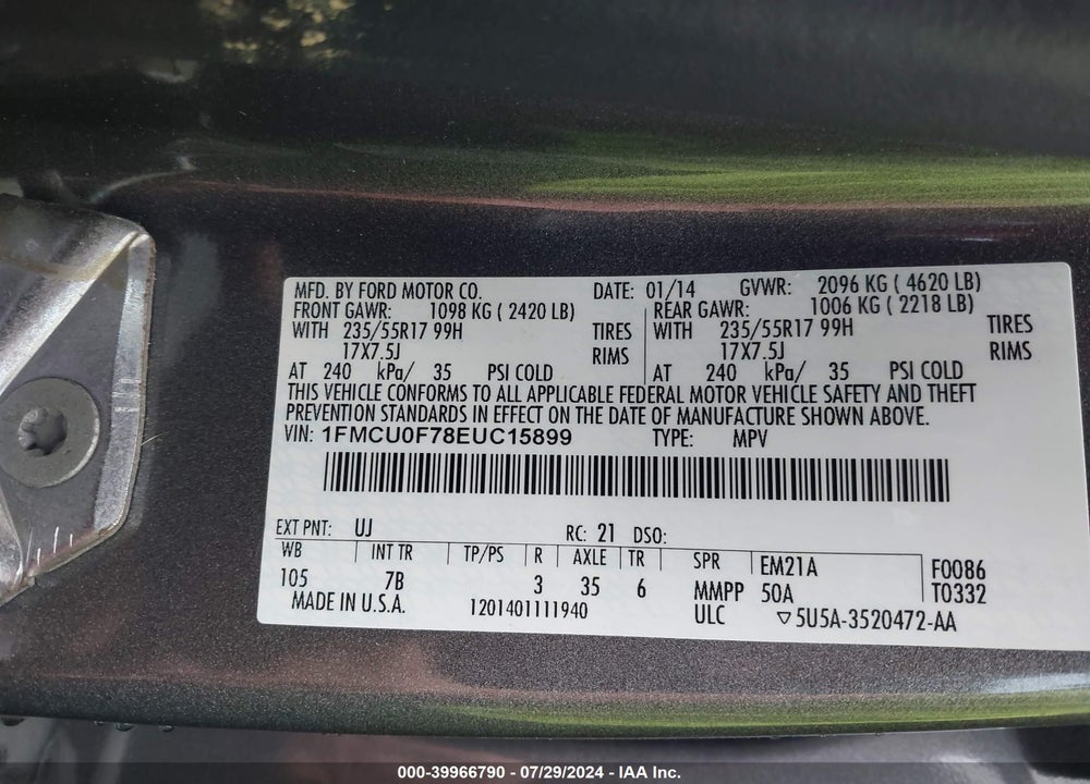 2014 FORD ESCAPE S VIN: 1FMCU0F78EUC15899