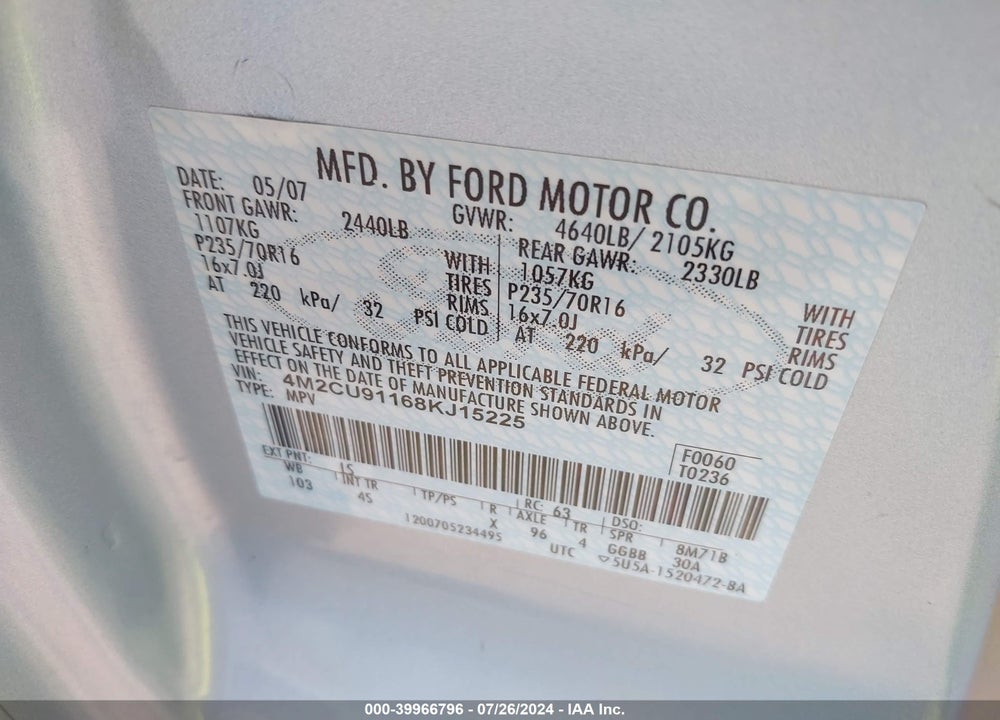 2008 MERCURY MARINER V6 VIN: 4M2CU91168KJ15225