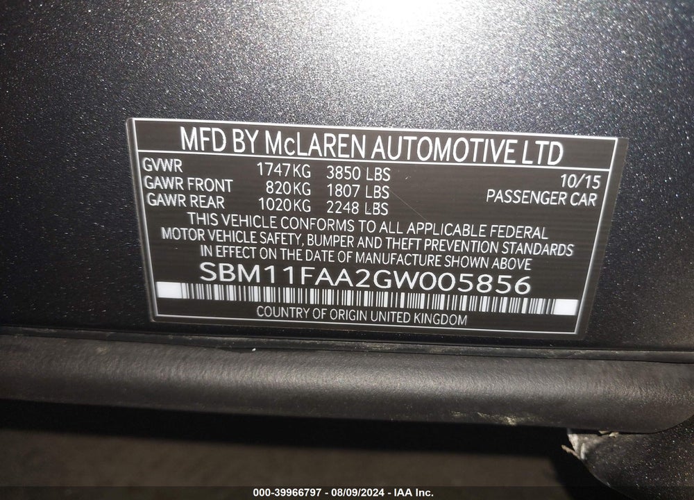 2016 MCLAREN 650S VIN: SBM11FAA2GW005856
