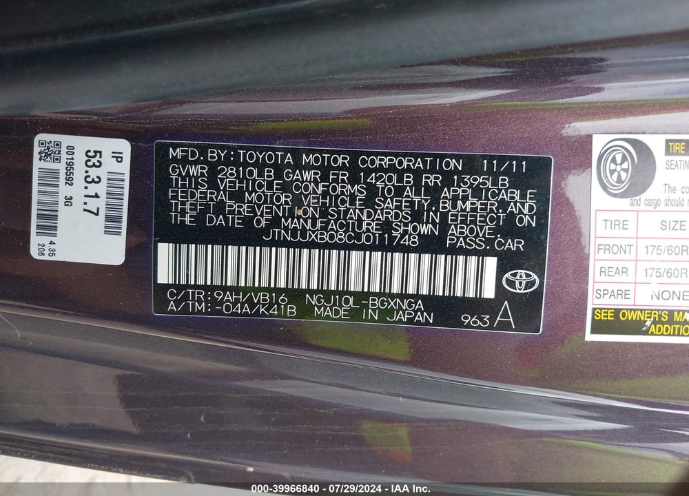 2012 SCION IQ VIN: JTNJJXB08CJ011748