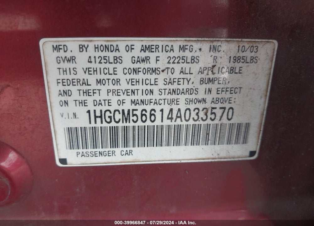 2004 HONDA ACCORD 2.4 EX VIN: 1HGCM56614A033570