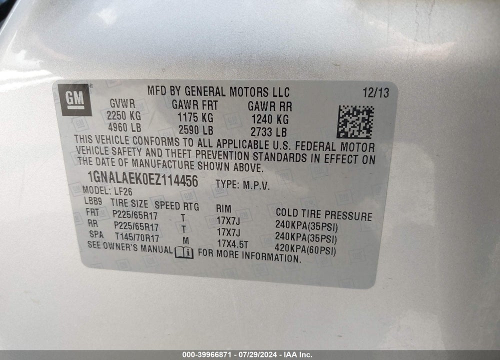 2014 CHEVROLET EQUINOX LS VIN: 1GNALAEK0EZ114456