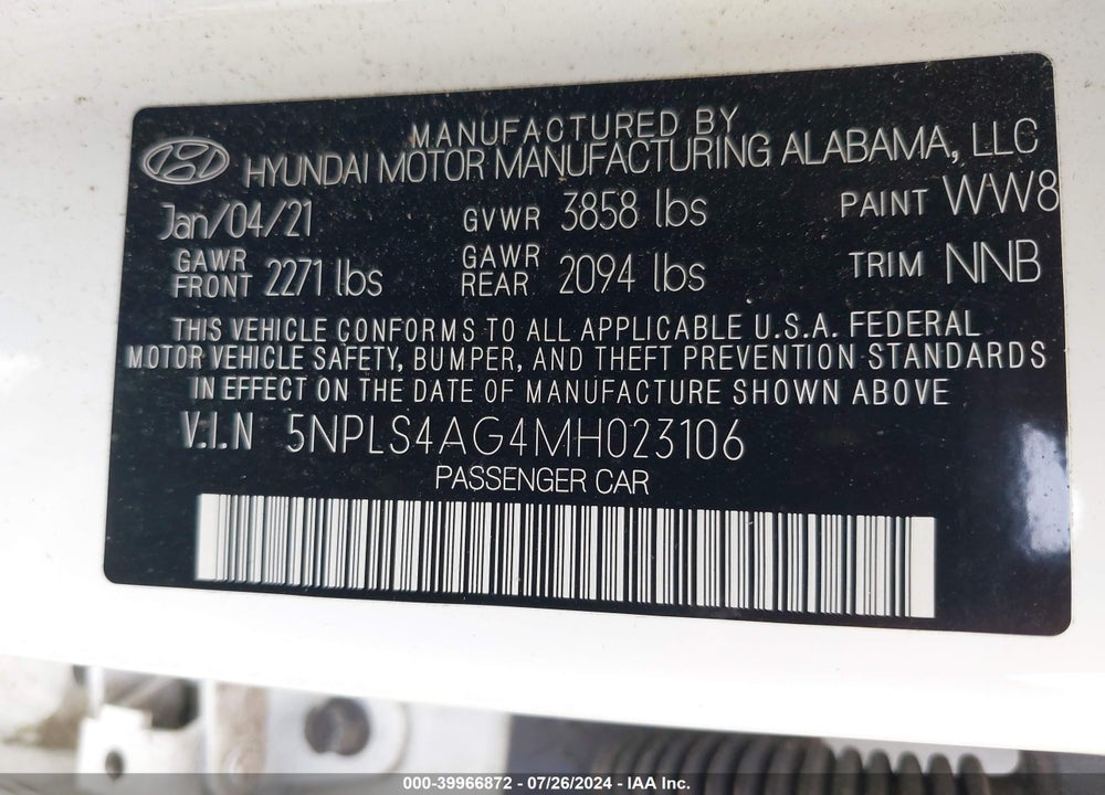 2021 HYUNDAI ELANTRA SEL VIN: 5NPLS4AG4MH023106