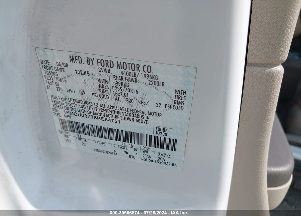 2008 FORD ESCAPE XLT VIN: 1FMCU03Z78KE64751