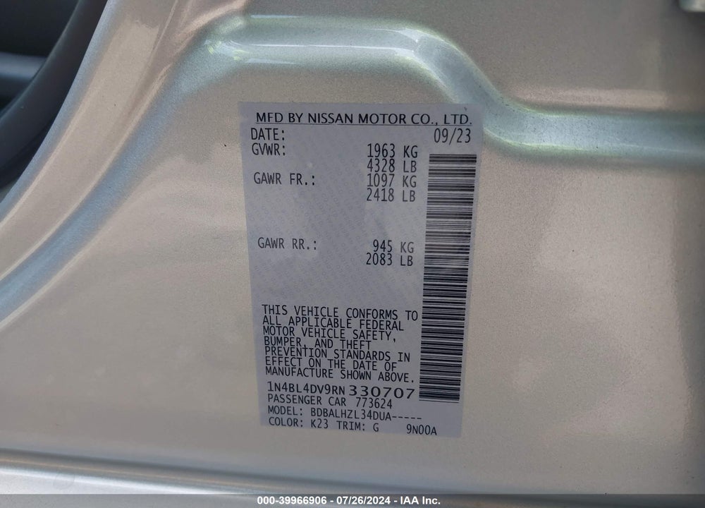 2024 NISSAN ALTIMA VIN: 1N4BL4DV9RN330707