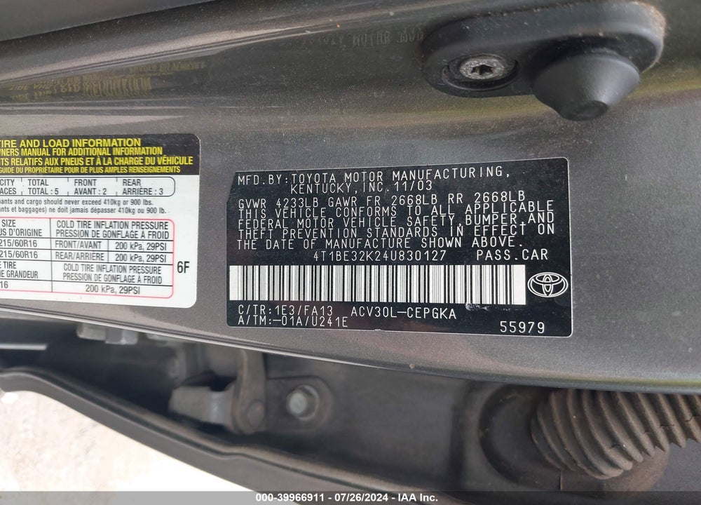 2004 TOYOTA CAMRY XLE VIN: 4T1BE32K24U830127