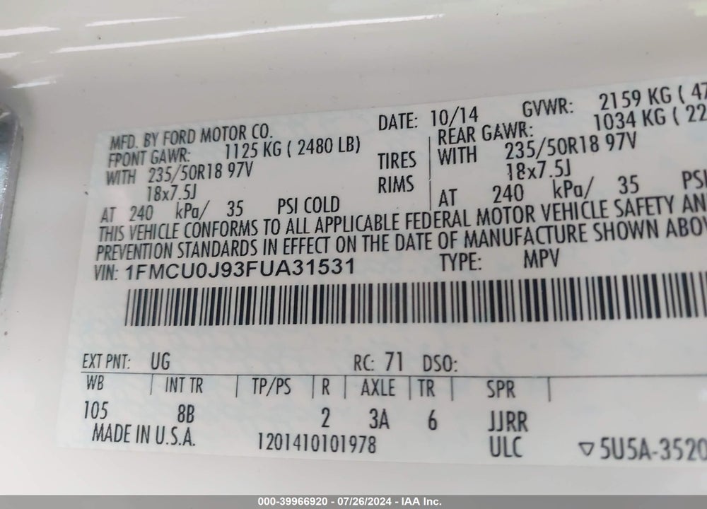 2015 FORD ESCAPE TITANIUM VIN: 1FMCU0J93FUA31531