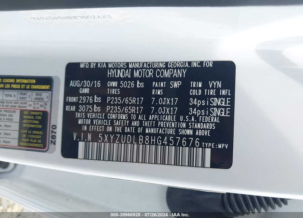 2017 HYUNDAI SANTA FE SPORT 2.4L VIN: 5XYZUDLB8HG457676